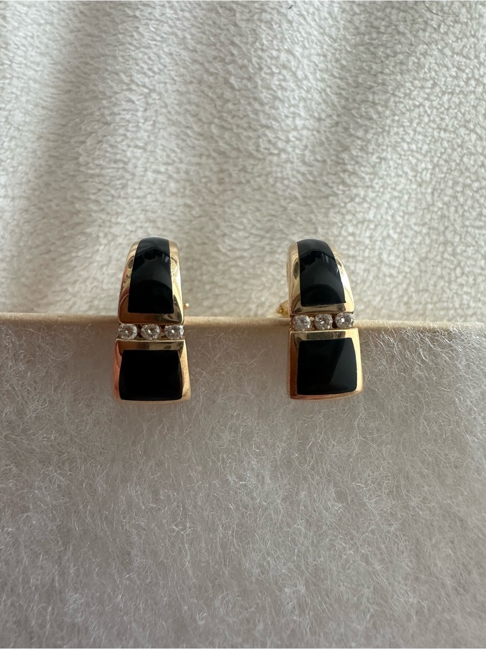 Vintage Kabana 14K Yellow Gold Black Onyx & Diamond Huggie Hoop Earrings